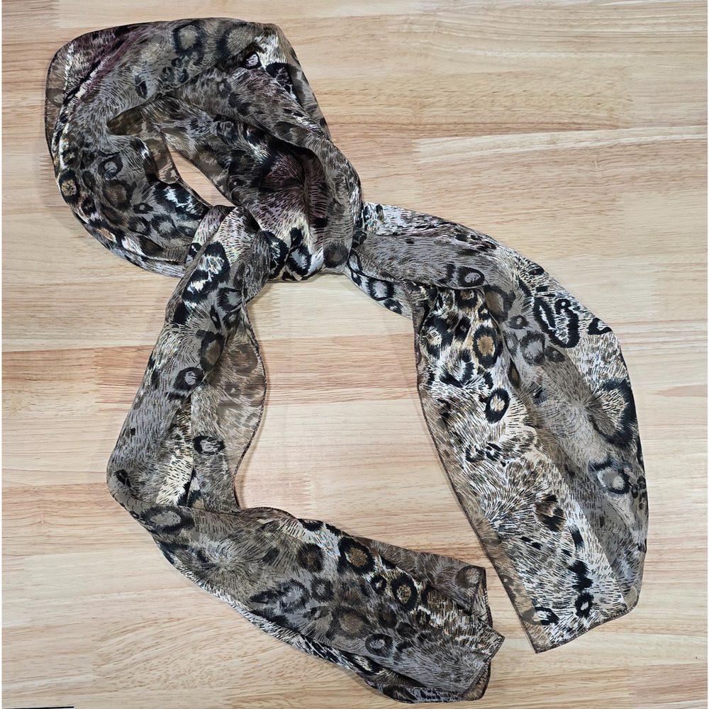 Wildlife Leopard Spot Fur Sheer Striped Scarf 58x13.5 Silk Feel Polyester